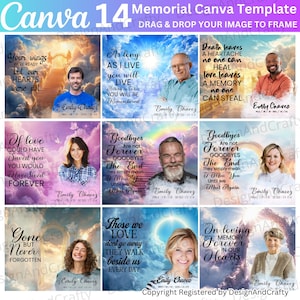 May include: A Canva template with 9 memorial designs. Each design features a photo, a quote, and the name and dates of a person. The designs have a sky background with clouds and a rainbow.