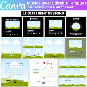 Könnte beinhalten: Eine digitale Vorlage mit 11 verschiedenen Designs für Musikplayer. Die Designs umfassen einen Kalender, Landschaftsszenen und Musikplayer-Oberflächen. Das Canva-Logo und der Text "Drag & Drop Your Image to Frame" sind sichtbar.