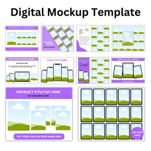 K&ouml;nnte beinhalten: Digitale Mockup-Vorlage mit einem lila und wei&szlig;en Farbschema. Die Vorlage bietet eine Vielzahl von Layouts zur Pr&auml;sentation digitaler Produkte, darunter Telefonbildschirme, Planerseiten und Social-Media-Posts. Das Design beinhaltet eine Landschaftsszene mit gr&uuml;nen H&uuml;geln, blauem Himmel und wei&szlig;en Wolken.