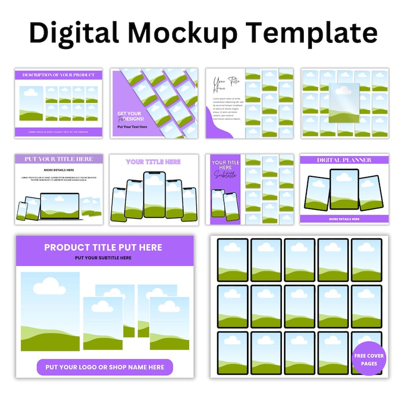 K&ouml;nnte beinhalten: Digitale Mockup-Vorlage mit einem lila und wei&szlig;en Farbschema. Die Vorlage bietet eine Vielzahl von Layouts zur Pr&auml;sentation digitaler Produkte, darunter Telefonbildschirme, Planerseiten und Social-Media-Posts. Das Design beinhaltet eine Landschaftsszene mit gr&uuml;nen H&uuml;geln, blauem Himmel und wei&szlig;en Wolken.