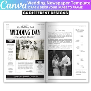 May include: A wedding newspaper template with a vintage aesthetic. The design features the text "Wedding Day" and "Are Getting Married." Includes sections for the wedding party, ceremony details, and a love story. The template has a black and white photo of a bride and groom.