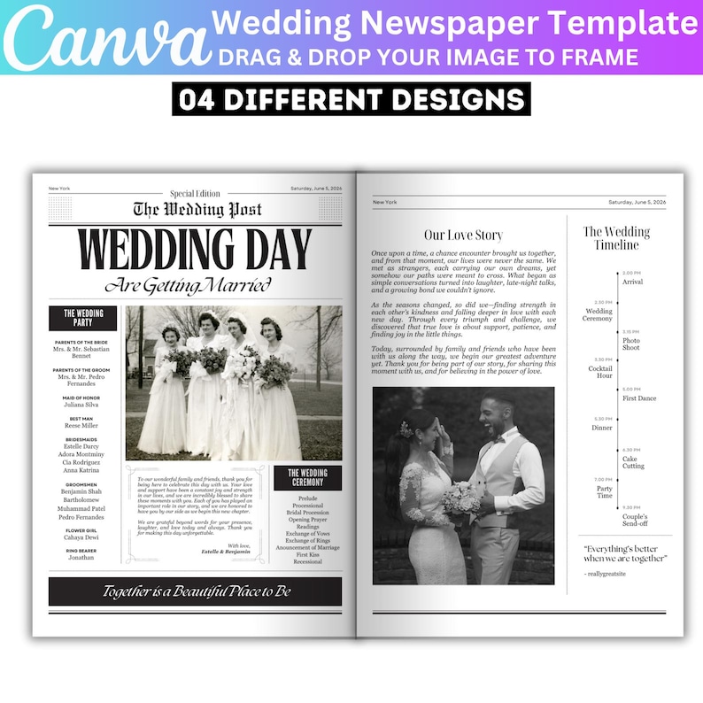 May include: A wedding newspaper template with a vintage aesthetic. The design features the text "Wedding Day" and "Are Getting Married." Includes sections for the wedding party, ceremony details, and a love story. The template has a black and white photo of a bride and groom.