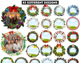 May include: A template for Christmas photo ornaments with 83 different designs. The designs include wreaths with space for photos, adorned with bows, ornaments, and festive greenery. The Canva logo is in the upper left corner.