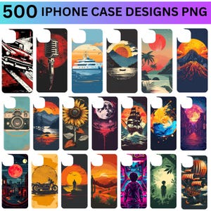 May include: 500 iPhone case designs PNG. A collage of 20 different iPhone case designs featuring various themes, including a camera, a sunflower, a ship, a volcano, a sunset, a cityscape, and a motorcycle.
