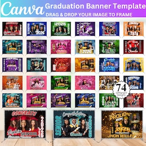 Könnte beinhalten: Eine Canva-Abschlussbanner-Vorlage mit mehreren Designs. Die Banner zeigen Fotos, Namen und das Jahr 2026. Verschiedene Farbschemata und Layouts werden gezeigt, mit Text wie "Glückwunsch", "Senior" und "Absolvent".