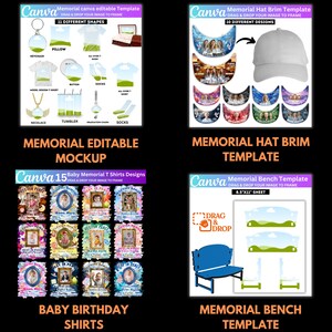 May include: A graphic featuring four Canva templates for memorial products. Includes templates for editable mockups, hat brims, baby birthday shirts, and a bench. Each template offers various design options and the ability to drag and drop images.