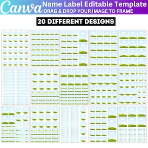 Può includere: Un modello modificabile di etichette con nome per Canva con 20 design diversi. Il layout mostra diversi fogli di etichette vuote con una grafica segnaposto di un paesaggio verde e cielo blu, incluse forme circolari, rettangolari e a etichetta.