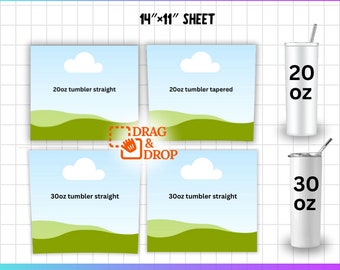 May include: A digital template for creating 20oz and 30oz tumbler designs. The template features four different layouts with a sky and grass background. The text "DRAG & DROP YOUR IMAGE TO FRAME" is at the top of the template. The text "14"x11" SHEET" is below the text "DRAG & DROP YOUR IMAGE TO FRAME". The text "SVG | PNG | PDF | DXF | PSD" is at the bottom of the template.