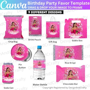 Könnte beinhalten: Eine Vorlage für Partygeschenke zum Geburtstag mit neun verschiedenen Designs, darunter eine Chipstüte, ein Getränkebeutel, eine Geschenktüte, eine Giebelbox, ein Ansteckbutton, ein Rice Krispi, eine Limonadendose, eine Wasserflasche und ein Schokoriegel.