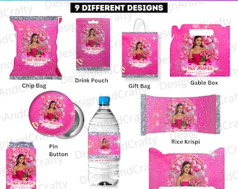 10X Canva Editable Birthday Party Favor Template, Pink Birthday Treat Bundle, Party Favor Custom Water Labels, Chip Bag, Chocolate Wrapper