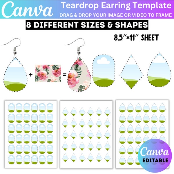Teardrop Earring Canva Template, Earring Canva Editable File, 8 Sizes With 8 Shapes Earring Template Sublimation, Earring Template Bundle