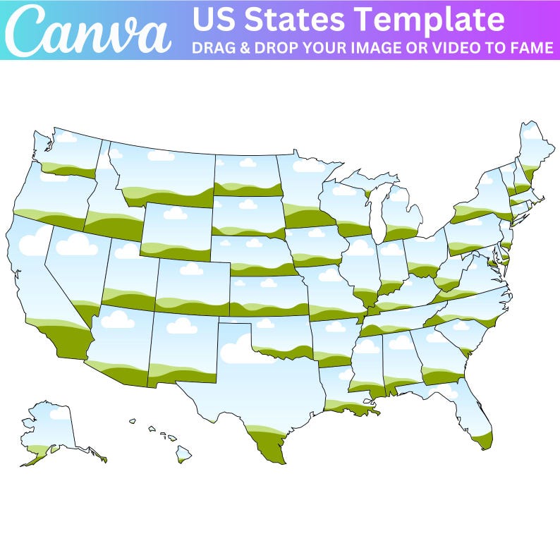 K&ouml;nnte beinhalten: Eine Karte der Vereinigten Staaten mit jedem Bundesstaat, der in Schwarz umrandet ist. Die Bundesstaaten sind mit einem Muster aus gr&uuml;nen H&uuml;geln und blauen Wolken gef&uuml;llt. Der Text "Canva US States Template" und "DRAG & DROP YOUR IMAGE OR VIDEO TO FAME" befindet sich oben im Bild.