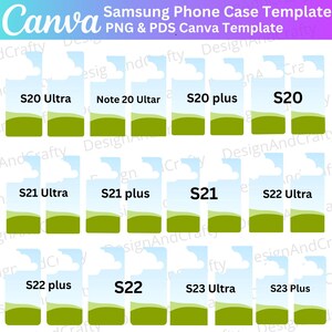 Op de afbeelding: Een digitale sjabloon voor Samsung telefoonhoesjes, met een landschapsontwerp met een blauwe lucht, witte wolken en groene heuvels. De sjabloon bevat opties voor verschillende telefoonmodellen, zoals de S20, S21, S22 en S23 series, en de Note 20 Ultra.