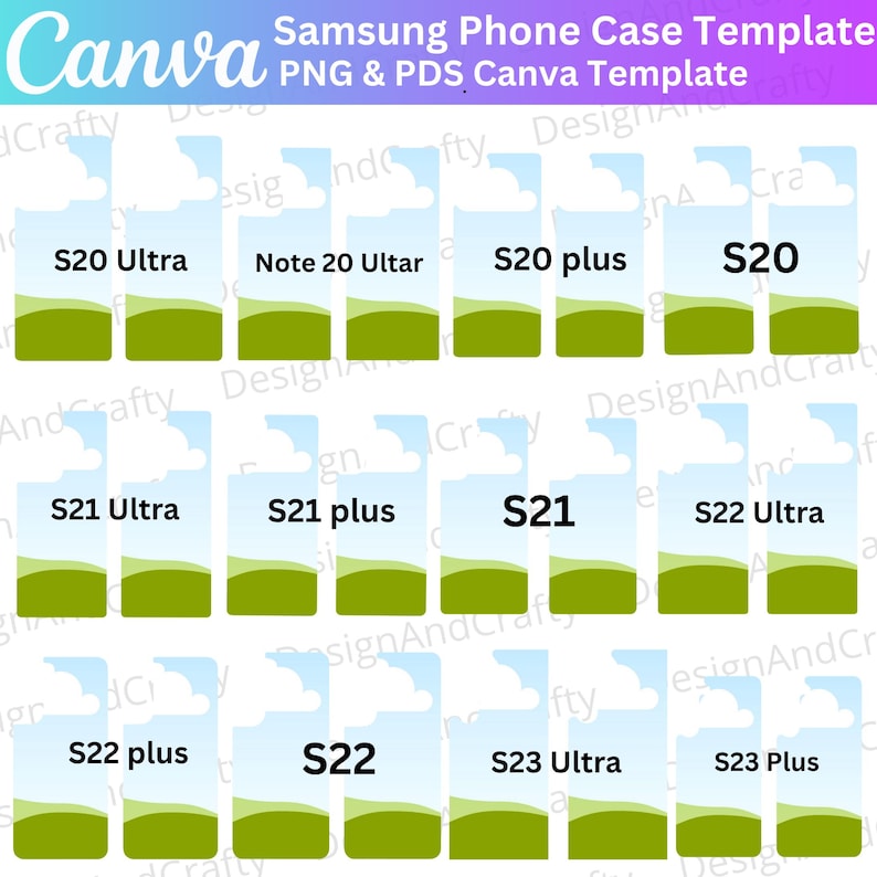 Op de afbeelding: Een digitale sjabloon voor Samsung telefoonhoesjes, met een landschapsontwerp met een blauwe lucht, witte wolken en groene heuvels. De sjabloon bevat opties voor verschillende telefoonmodellen, zoals de S20, S21, S22 en S23 series, en de Note 20 Ultra.