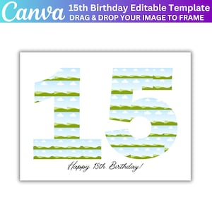 Puede incluir: Una tarjeta blanca con el número 15 en rayas verdes y azules. Los números están rodeados por un borde blanco. El texto "Happy 15th Birthday!" está escrito en cursiva negra debajo de los números.