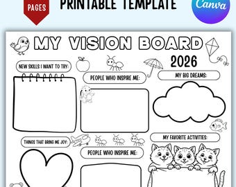Kids Vision Board Canva Vorlage, druckbare Vision Board, Wachstum Mindset Aktivität, Neujahr Kinder Handwerk, Happy Silvester Malseite