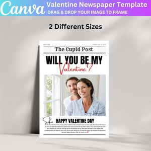 Pode incluir: Um modelo de jornal para o Dia dos Namorados com uma foto de casal no centro. O t&iacute;tulo diz "Will You Be My Valentine?" com um cora&ccedil;&atilde;o vermelho. O texto abaixo da foto diz "Happy Valentine's Day".