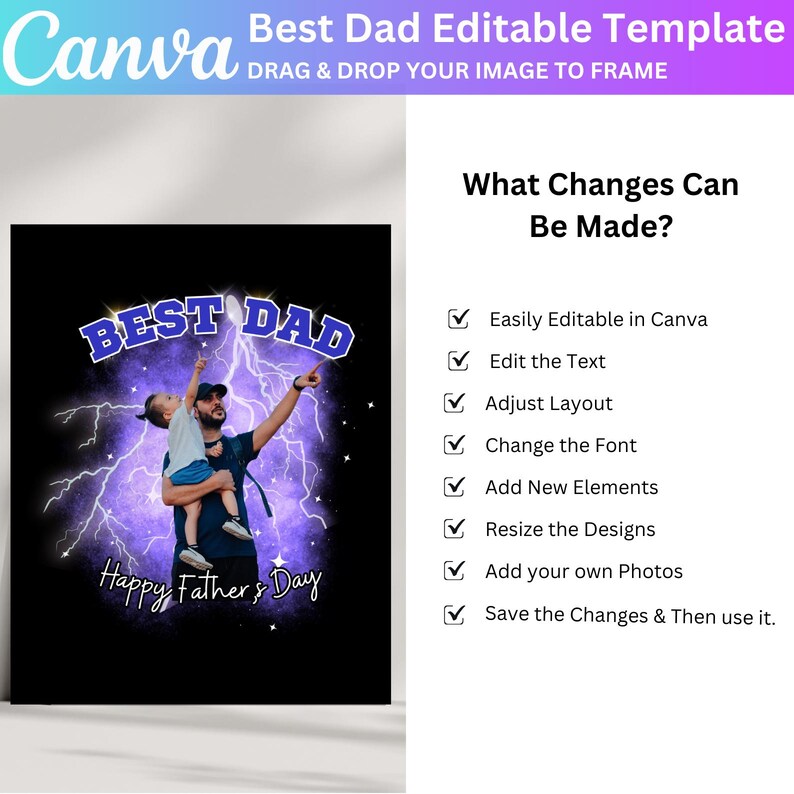 Puede incluir: Una plantilla digital para el D&iacute;a del Padre, con un gr&aacute;fico de un padre y un ni&ntilde;o, el texto "Best Dad" y "Happy Father's Day". La plantilla es f&aacute;cilmente editable en Canva, lo que permite a los usuarios ajustar el texto, el dise&ntilde;o y agregar fotos.