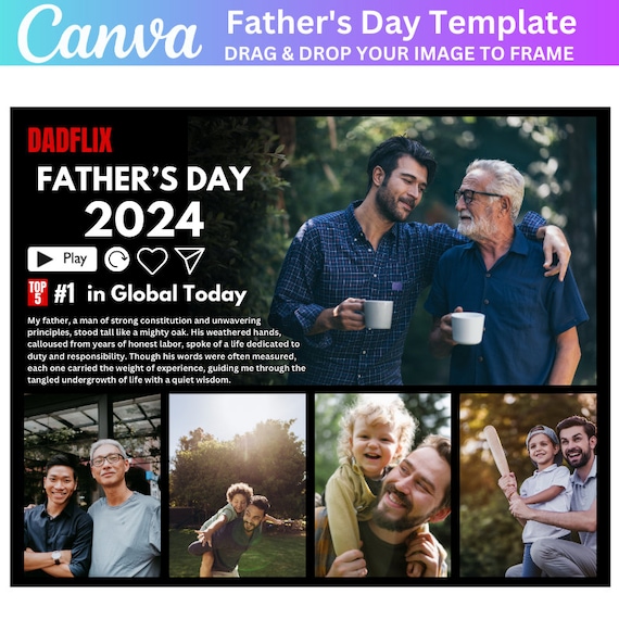 Dadflix father day Canva Editable Template, Happy Father’s Day Template, Dadflix Movie Photo Collage, Gift For Grandpa, Father's Day Gift