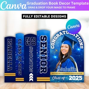 Blue Graduation Book Decor Canva Editable Template, Graduation Panel Board, Yellow Grad Backdrop Arch Foam Board, Floor Wrap Decor Set