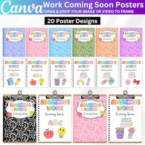 May include: A collection of 20 digital poster designs featuring the text Amazing Work Coming Soon. The graphics include colourful school-themed illustrations like apples, lightbulbs, books, pencils, and ABC letters on various patterned backgrounds.
