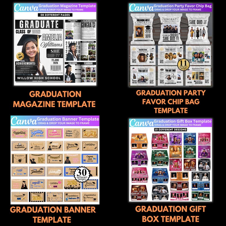 Abschluss Mega Bundle Canva Templates, Class of 2026 Grad Kit, Bootleg Shirts, Fan Paddles, Zeitung, Stola, Banner, Partygeschenke, Dekor Bild 14