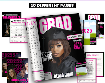 Graduation Activity Booklet Editable Canva Template, Printable Grad 2026 Word Search, Maze, Crossword Reflection Pages Pink & Black Theme