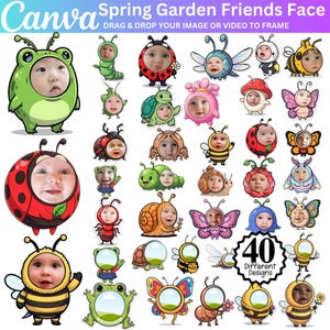 May include: A selection of 40 designs showcasing baby faces incorporated into spring garden characters. These include a frog, ladybug, bee, butterfly, and snail. The text "Spring Garden Friends Face" is visible at the top of the image.