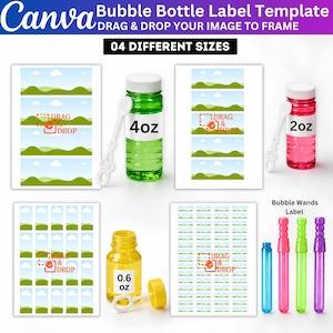 May include: A Canva bubble bottle label template featuring four different sizes of printable labels with a landscape design. The set includes green, pink, and yellow bubble bottles with wands, labeled 4oz, 2oz, and 0.6oz, alongside a collection of colorful bubble wands.