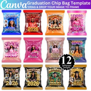 May include: A collection of 12 graduation chip bag templates in various colors, including blue, red, orange, pink, and black. Each bag features a photo of a graduate, the word "Senior," and the year 2026. The bags are designed to be personalized.