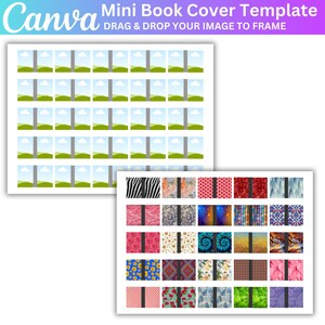May include: A digital template for creating mini book covers. The template features a grid of 48 blank book covers with a simple landscape design. The template also includes a selection of 36 different patterns that can be used for the book covers.