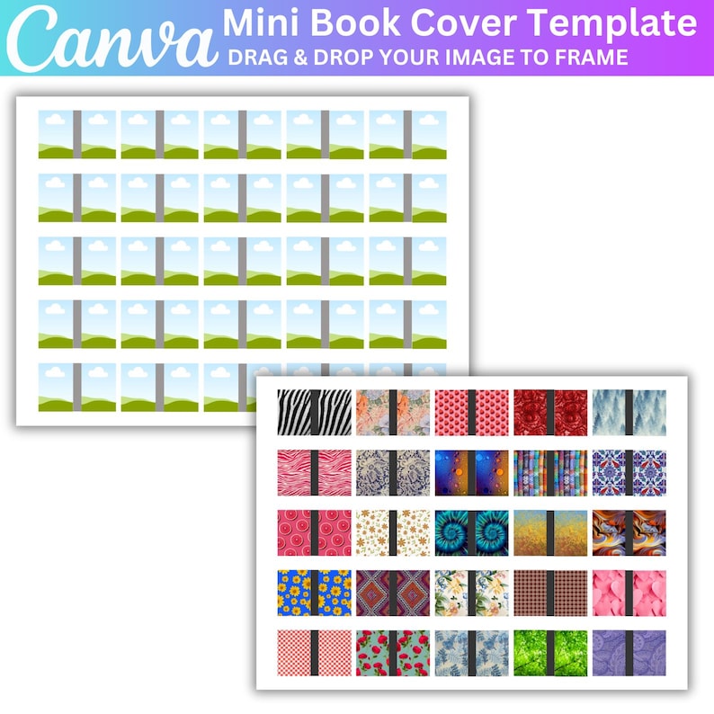 May include: A digital template for creating mini book covers. The template features a grid of 48 blank book covers with a simple landscape design. The template also includes a selection of 36 different patterns that can be used for the book covers.
