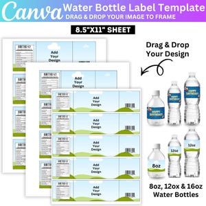 May include: A Canva water bottle label template on an 8.5"x11" sheet featuring multiple rectangular labels with a light blue sky and green hill design. The template includes placeholders for custom designs and text for 8oz, 12oz, and 16oz water bottles.