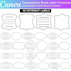 May include: A template for composition book labels with 48 different designs. The labels are white with a dashed border and include space for writing and the text "Composition Book" and "100 Sheets - 200 Pages". The Canva logo is in the top left.