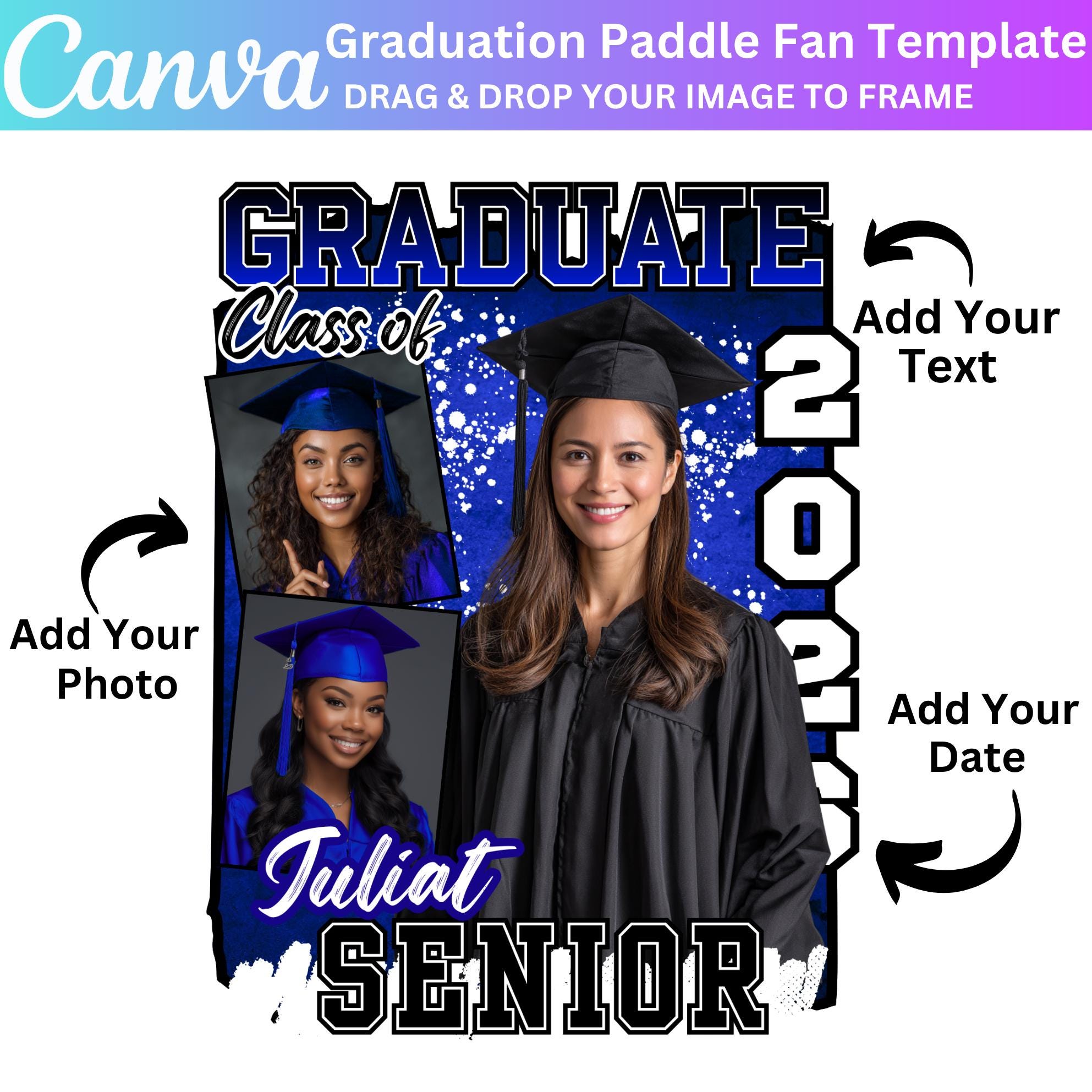 Blue Grad Fan Canva Editable Template, Custom Graduation Paddle Fan ...