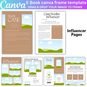 May include: A Canva ebook template with a brown background and green hills. The text on the page reads "Case Studies Influencer" and "Influencer Pages".
