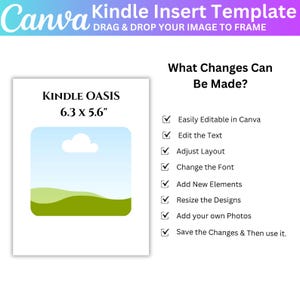 May include: A Canva Kindle Insert Template with the text "DRAG & DROP YOUR IMAGE TO FRAME." The image shows a Kindle Oasis template, 6.3 x 5.6 inches, with a landscape graphic. Text lists editable features: text, layout, font, elements, and photos.