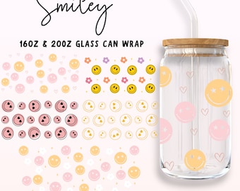 Smiley Face Libbey Glass SVG Bundle, Smiley Libbey Wrap, 16oz & 20oz Smile Face Can Wrap, Groovy Retro PNG Designs Cricut, Cameo Silhouette