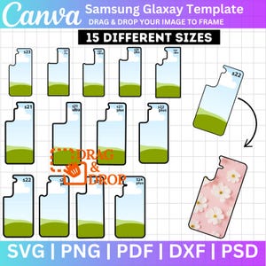 Peut inclure: Un mod&egrave;le num&eacute;rique pour cr&eacute;er des coques de t&eacute;l&eacute;phone avec 15 tailles diff&eacute;rentes pour les t&eacute;l&eacute;phones Samsung Galaxy. Le mod&egrave;le pr&eacute;sente un fond blanc avec un motif de grille et des contours de coques de t&eacute;l&eacute;phone de diff&eacute;rentes tailles. Le texte "Samsung Galaxy Template" et "15 Different Sizes" est affich&eacute; en haut de l'image. Le texte "Drag & Drop Your Image to Frame" est affich&eacute; sous le titre. Le texte "SVG | PNG | PDF | DXF | PSD" est affich&eacute; en bas de l'image.
