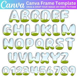 May include: A set of alphabet letters and numbers in a bubble font with a landscape scene inside each character. The letters are outlined in black and the landscape scene is a green field with a blue sky and white clouds.