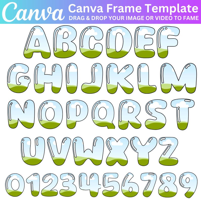 May include: A set of alphabet letters and numbers in a bubble font with a landscape scene inside each character. The letters are outlined in black and the landscape scene is a green field with a blue sky and white clouds.