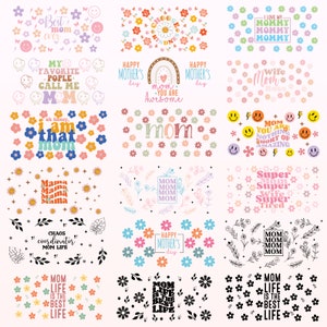 May include: A collection of 16 colorful digital designs featuring various text-based Mother's Day greetings. The designs include phrases like "Best mom ever", "Mom you are awesome", "Wife Boss", and "Mom life is the best life".