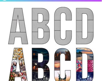Modello di lettere e numeri per collage di foto Canva, pacchetto di cornici Canva, compleanno dalla A alla Z, file modificabile per collage di foto commemorative, storyboard dell'alfabeto