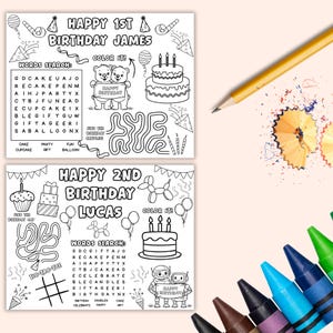 May include: Two coloring pages with the text "HAPPY 1ST BIRTHDAY JAMES" and "HAPPY 2ND BIRTHDAY LUCAS". Each page includes word searches, mazes, and images of cakes, balloons, and party hats. Crayons and a pencil are in the background.