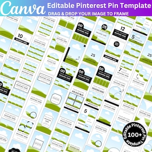 Puede incluir: Una colección de plantillas de pines de Pinterest editables con una variedad de diseños. Las plantillas presentan gráficos de paisajes verdes y blancos, con el texto "Your Amazing Heading Here". El logotipo de Canva está en la esquina superior izquierda y el texto "Editable Pinterest Pin Template" en la parte superior.
