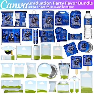 Blue Graduation Party Favor Designs and Mockup, Canva Editable Senior Class of 2026 Party Chip Bag, Custom Water Label, Treat Bag, Gable Box