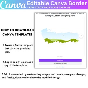 Puede incluir: Un dise&ntilde;o de plantilla de Canva con el texto "Borde Canva editable" e instrucciones sobre c&oacute;mo descargar y editar la plantilla. El dise&ntilde;o incluye un marco de imagen de arrastrar y soltar y una imagen de muestra de un paisaje.