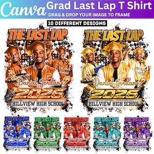 May include: A selection of graduation t-shirt designs. Each design includes the text "The Last Lap," the name "Daniel Jordan," the year "2026," and "Hillview High School." The shirts are available in a variety of colours and styles.