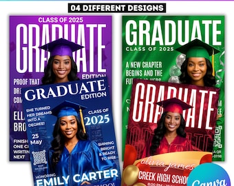 04 Graduation Magazine Design Template, Senior Class of 2025 Magazine Invitation Editable Pack, Grad Senior Class of 2025 Designs Digital