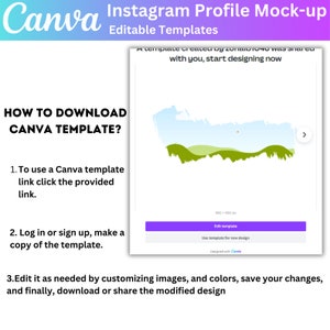 May include: A Canva template for an Instagram profile mock-up. The template features a green landscape with a blue sky and a red dot. The text "Edit template" is on a purple button. The text "Use template for new design" is below the button. The text "Designed with Canva" is below the text "Use template for new design".